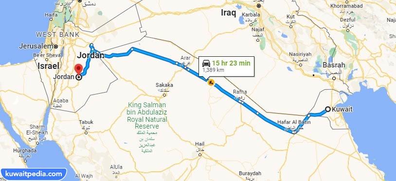 كم المسافه بين الكويت والاردن بالسيارة