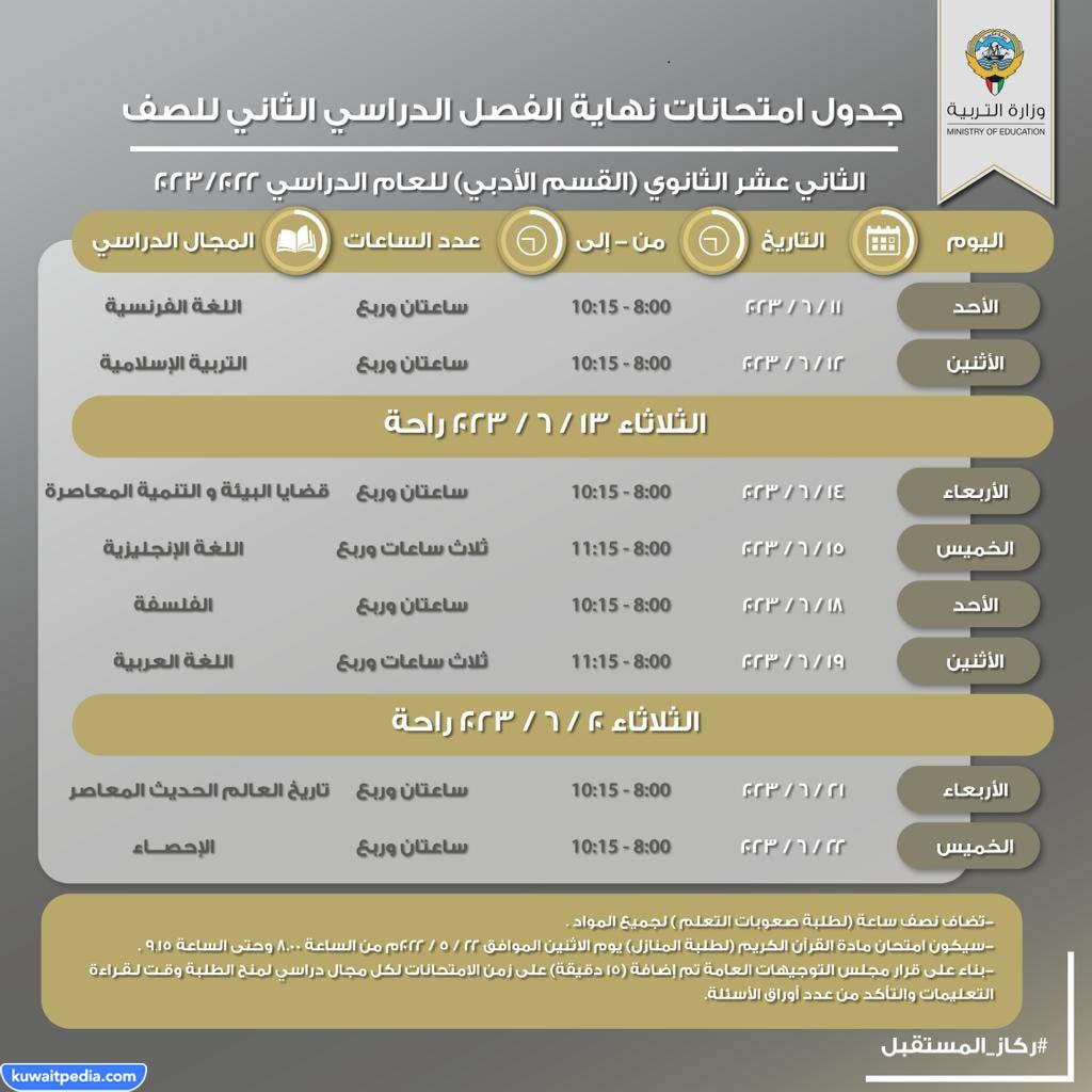 جدول امتحانات الثاني عشر الأدبي 2023 الكويت الفصل الثاني