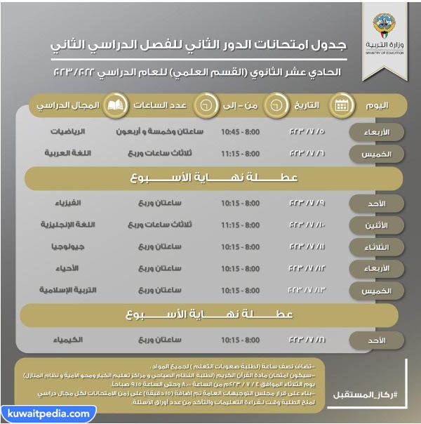 جدول امتحانات الدور الثاني 2023 الصف الحادي عشر العلمي