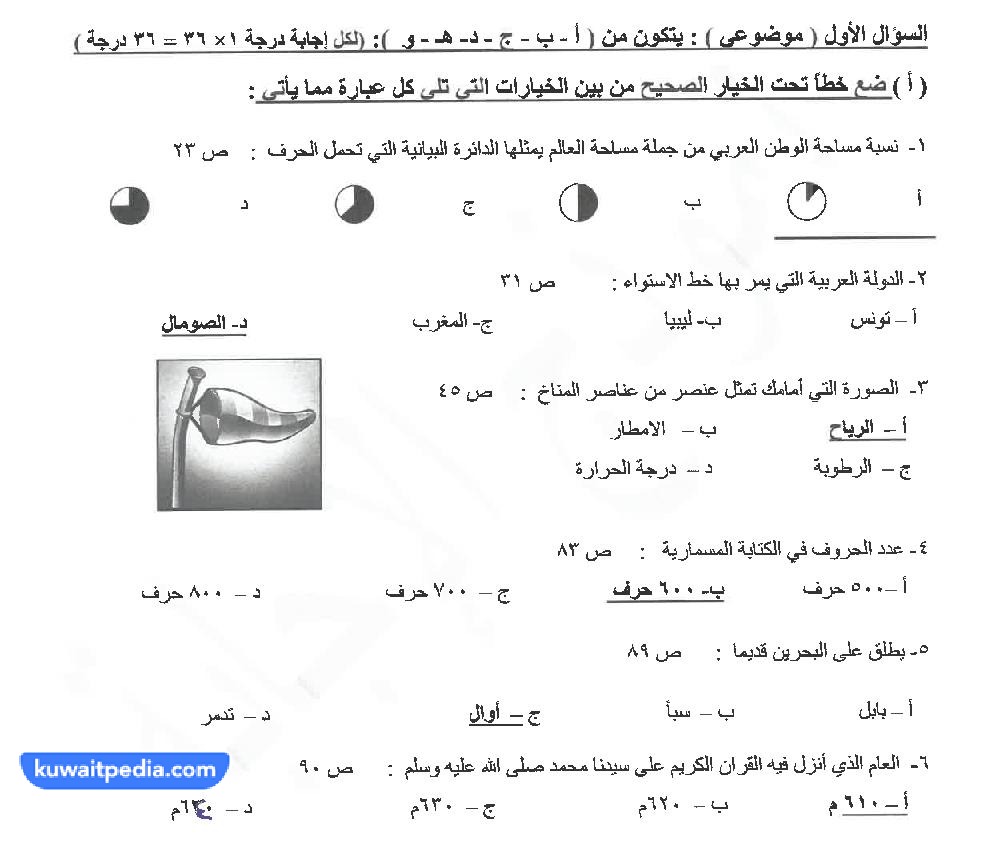 اختبار اجتماعيات للصف السابع الفصل الأول