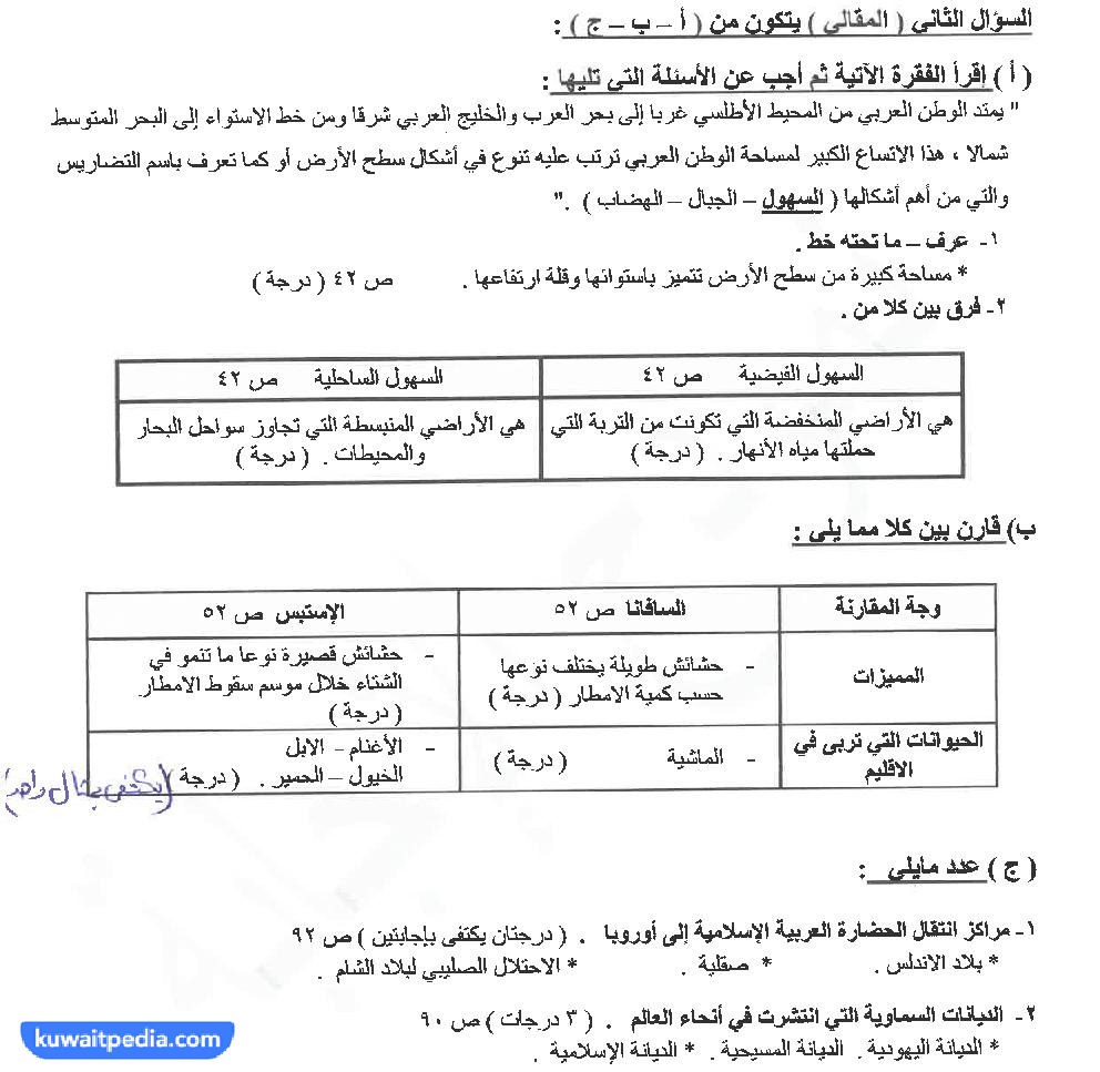 اختبار اجتماعيات للصف السابع الفصل الأول