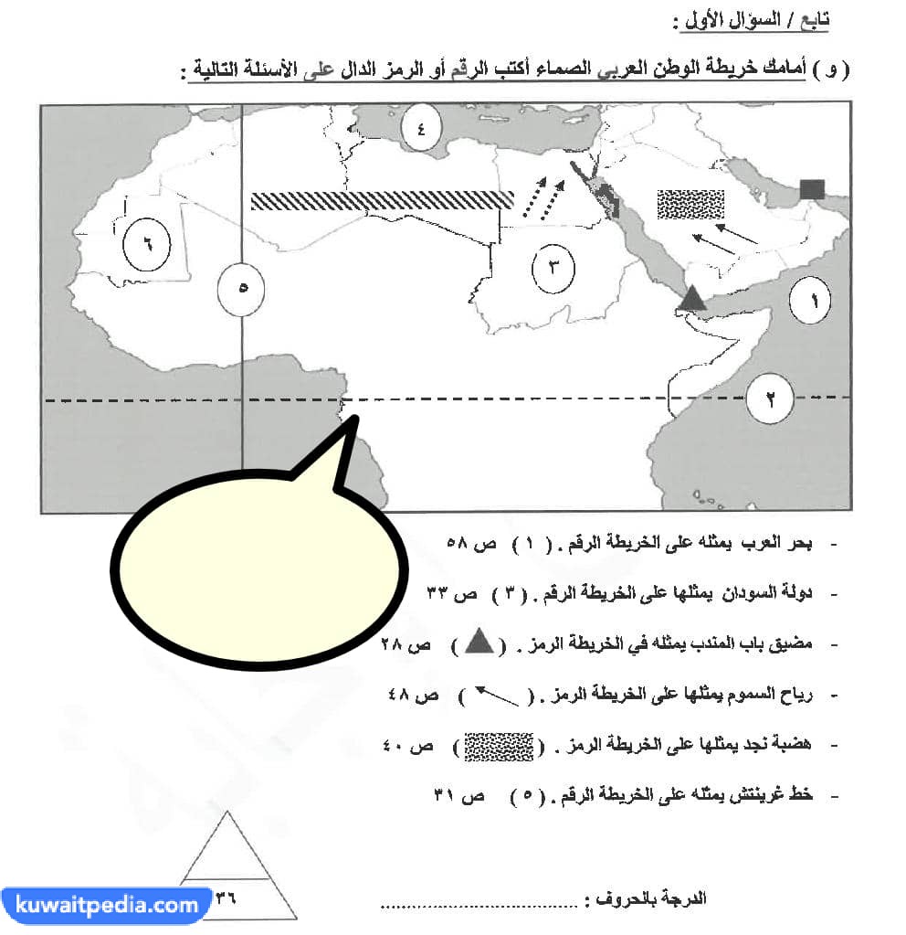 اختبار اجتماعيات للصف السابع الفصل الأول