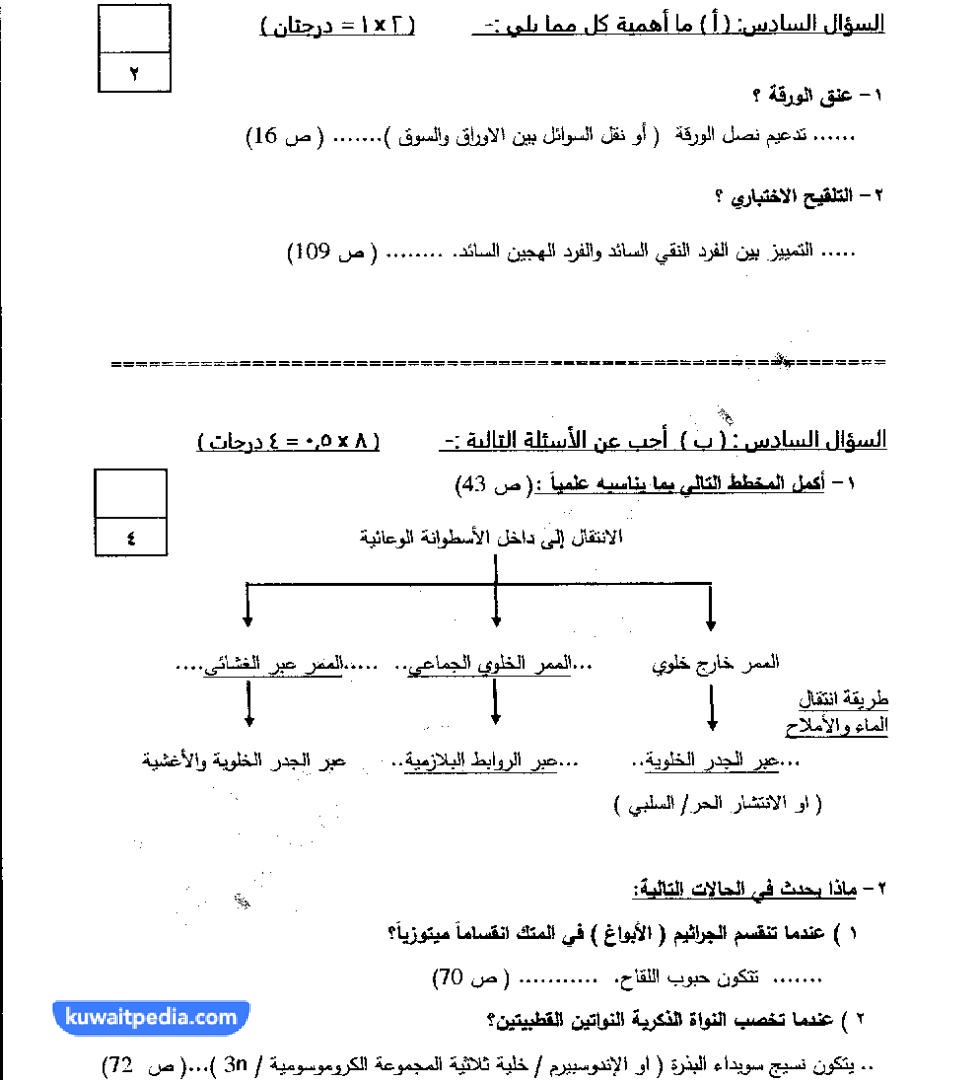 نموذج اجابة اختبار الأحياء للصف الحادي عشر